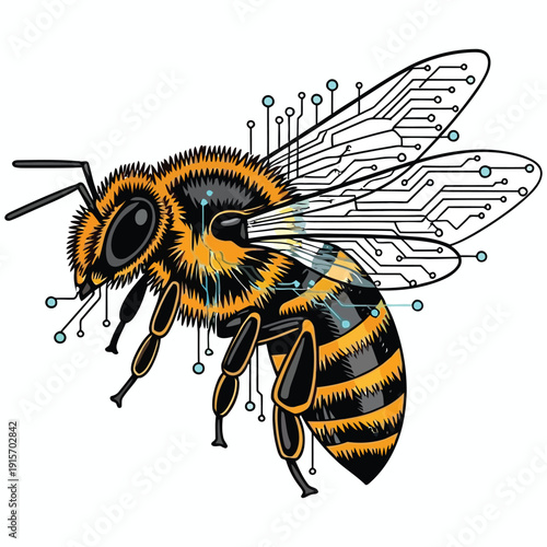 Detailed illustration of a bee with electronic circuit patterns on its wings