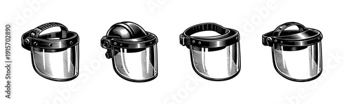 Face shield flat vector icons set. safety equipment and protection gear illustrations