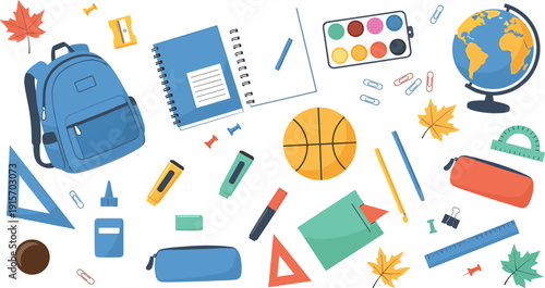 Back to school and stationery elements set, flat vector illustrations with blue backpack, notebook, globe, paint palette, basketball and various school supplies isolated on white background.