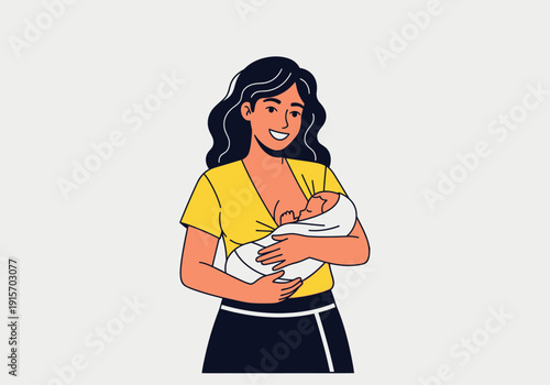 A smiling mother lovingly cradles her newborn baby in a gentle and heartwarming illustration high quality