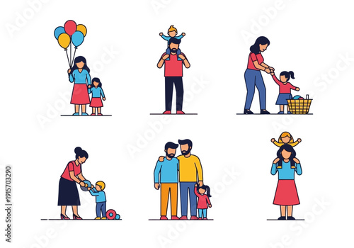 A collection of colorful vector illustrations depicting diverse families and parental interactions high quality professional detailed
