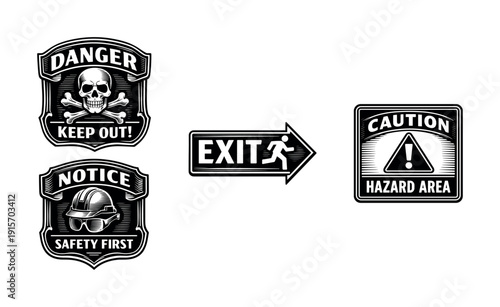 Warning signs vector icons set: flat hazard, danger, safety symbols collection