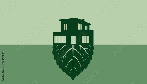 Sustainable living concept with eco friendly house on leaf