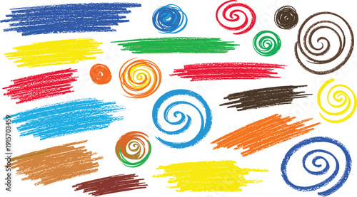 Colorful crayon strokes and spiral doodles set, hand-drawn wax pastel textures with vibrant blue, yellow, red and green pencil scribbles isolated on white background.