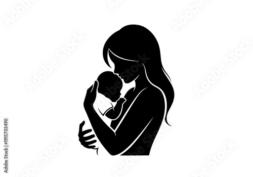 A beautiful and perfect silhouette of mother holding a cute newborn baby in her arms in white love and care concept black and white art