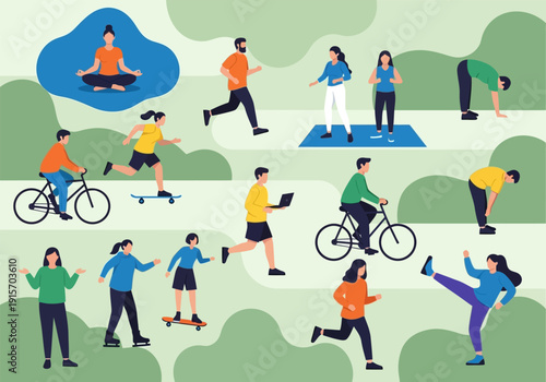 Diverse individuals engaging in various outdoor fitness activities in a bright stylized park high quality professional