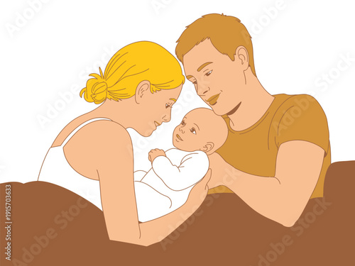 Loving parents gaze tenderly at their newborn baby in a tender moment of family connection