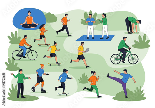 Diverse people engaging in various outdoor recreational activities in a stylized illustrated park scene high quality