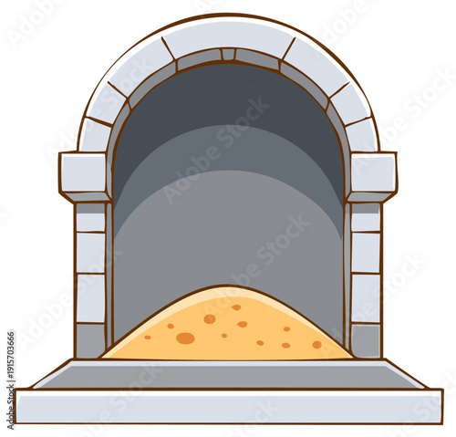 Cartoon illustration of an arched stone structure with a pile of sand inside.