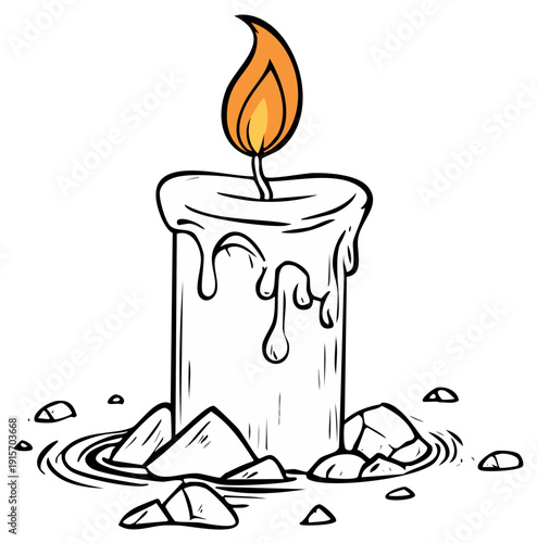 Cartoon candle with a flickering flame, melting wax, and surrounding stones.