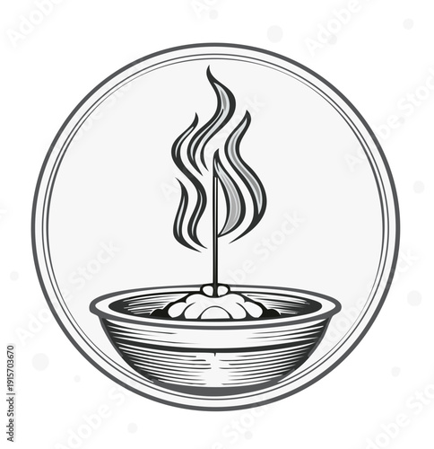 Burning Incense Stick Illustration with Smoke Rising in Decorative Bowl Encased by Round Frame