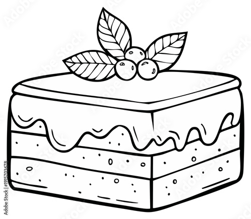 Layered square cake with berries and frosting coloring page line art