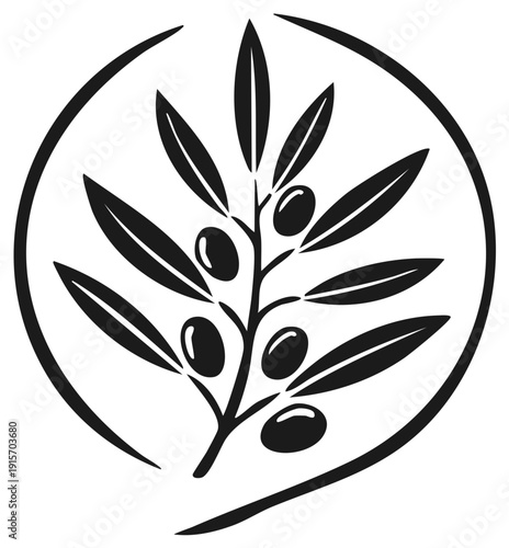 Stylized olive branch with leaves and olives in a circle frame vector icon