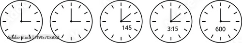 Analog Clock Time Icons Set, Hour Minute Schedule Symbols Collection, Timer Duration Outline Vector for Time Management and Planning Interface Design