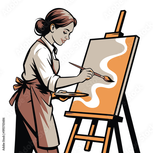 Female artist painting on a canvas with easel and palette, focused on her creative work