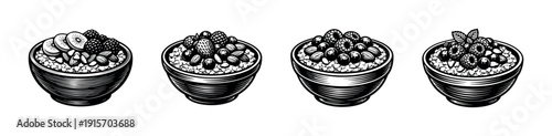 Flat vector icons set of cereal bowls. breakfast, granola, and fruit toppings illustrations