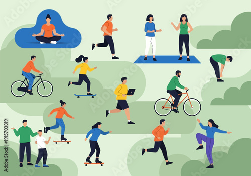 Diverse group of people engaging in various outdoor activities like running yoga and cycling high quality