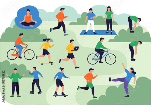Diverse people engaging in various outdoor fitness activities in a lush green park setting high quality