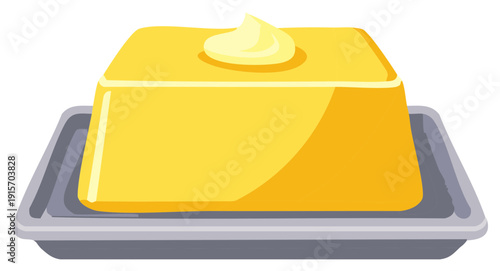 Delicious golden butter block with a cream swirl on top in a classic grey serving dish