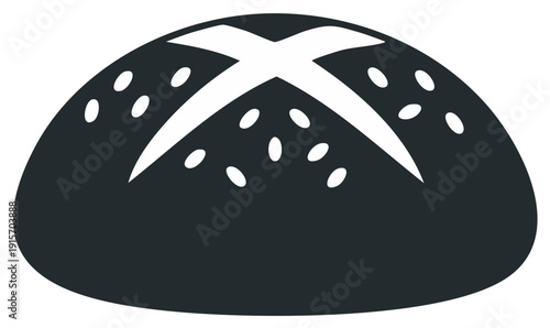 Illustration of an artisan bread loaf with a decorative cross and seeds, simple design.