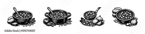 Soup flat vector icons set: rustic bowls, ingredients, and ladles collection