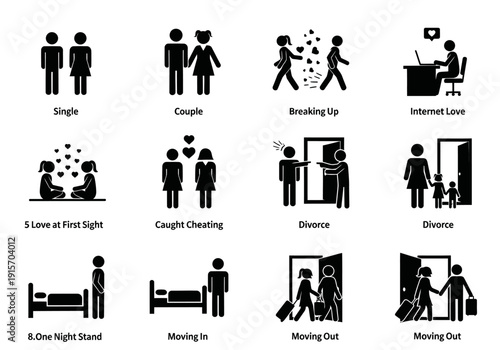 Illustrations depicting various stages and scenarios related to love relationships and breakups high quality professional detailed