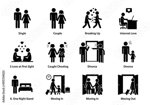 Relationship stages illustrated with simple black silhouettes depicting life events high quality professional detailed modern elegant