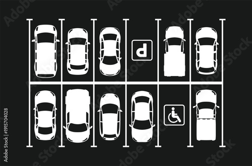 Top view of cars parked in marked parking lot spaces vector illustration