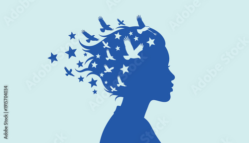 Woman with birds and stars flowing from her head in creative inspiration