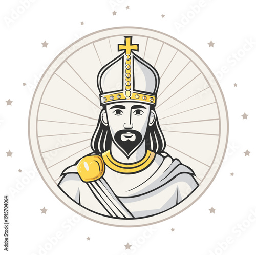 Stylized Portrait of a Regal Figure with Crown and Robes