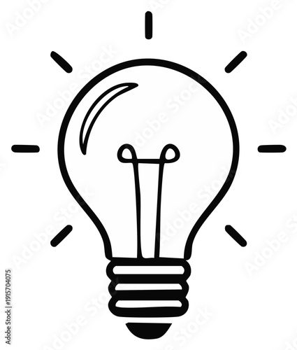 Hand drawn shining lightbulb icon representing a creative idea and innovation