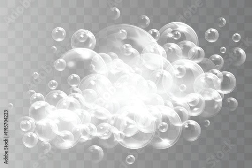 Realistic white bubbly foam isolated on transparent background. Vector illustration