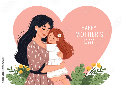 A heartwarming illustration depicts a mother embracing her daughter in front of a pink heart
