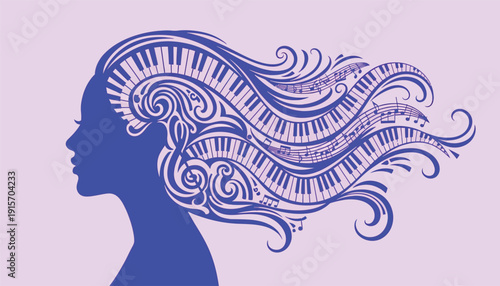 Vibrant silhouette of woman with musical notes and piano keys in hair