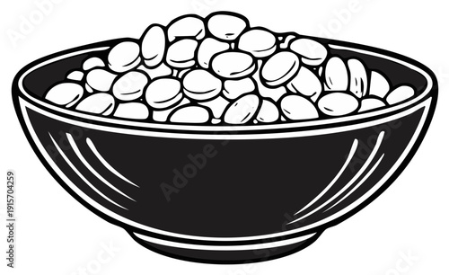 Simple graphic illustration of a full bowl of white beans, a staple food item or ingredient