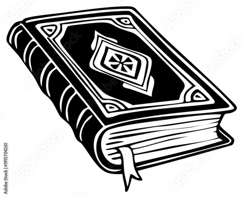 Ornate old spellbook with a decorative cover, black and white vector line art illustration