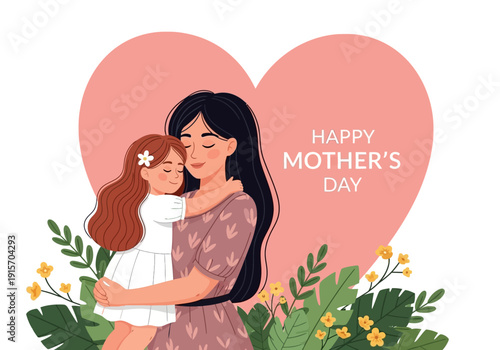 A loving mother and daughter share a hug in front of a pink heart for mother s day