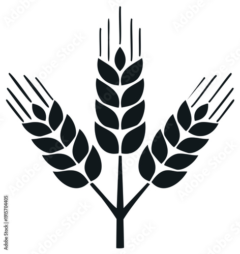 Three stylized wheat stalks with leaves and grains depicted in black silhouette