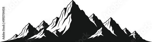 Mountain Landscape Silhouette Vector Illustration, Snow Peak Range Nature Scene, Outdoor Adventure Alpine Graphic for Travel, Hiking and Camping Design