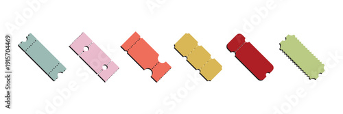 Ticket icon set. Concert, cinema ticket, lottery coupon. Vector illustration.