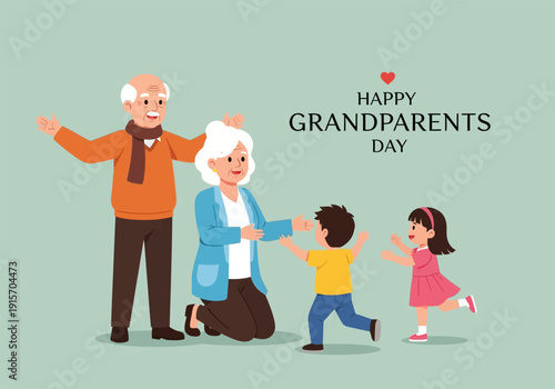 Happy grandparents day illustration featuring a smiling elderly couple and their excited grandchildren high quality professional
