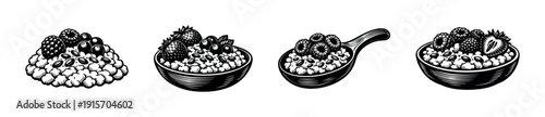 Breakfast bowls flat vector icons set, fruits and grains collection, black and white