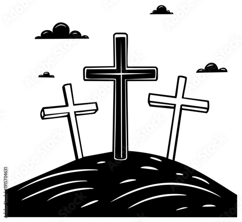 Three Wooden Crosses Stand On A Hilltop Under A Cloudy Sky Symbolizing Faith Hope Redemption
