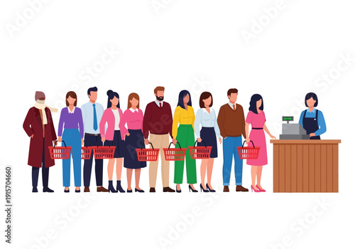 A diverse group of people are shown waiting in a checkout line at a grocery store