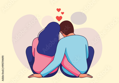 A couple sits back to back embracing with three red hearts floating above them high quality professional detailed