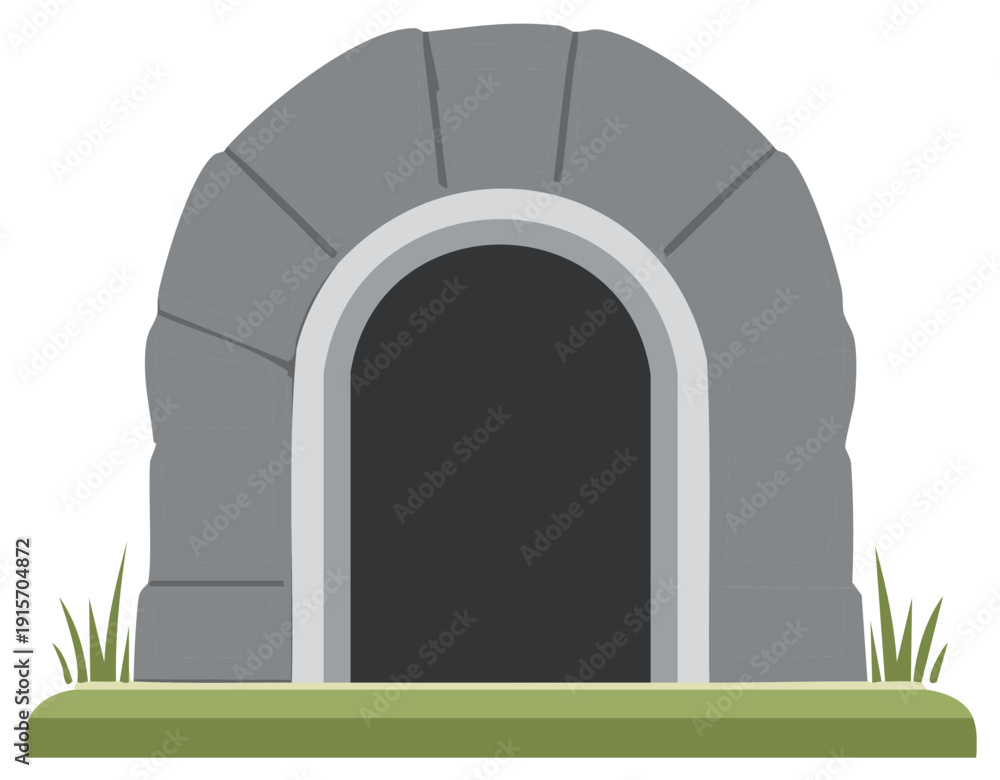 Fototapeta premium Minimalist Stone Archway Entrance Illustration with Dark Cave Opening and Green Grass