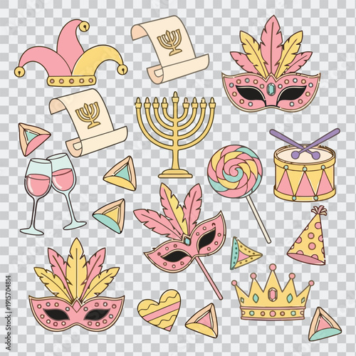 Colorful Purim symbols including masks, hamantaschen, crowns, and other festival elements
