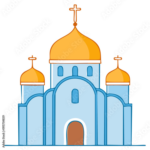 Vivid vector illustration of a traditional Orthodox church building featuring prominent golden onion domes and Christian crosses