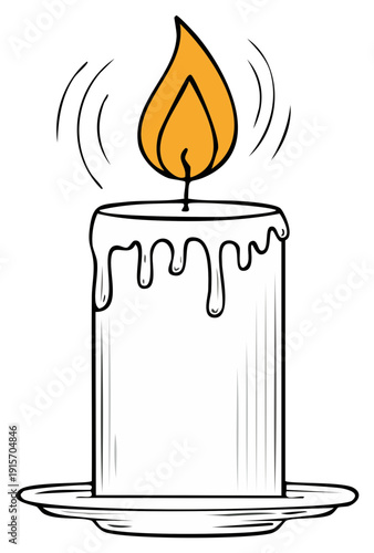 Illuminated candle with dripping wax and flickering flame illustration