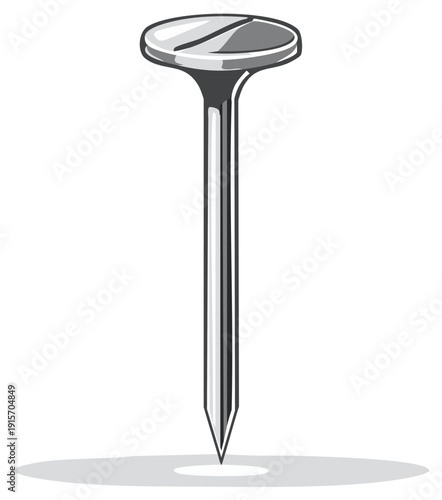 Single metal nail with flat head for hammering wood boards in construction projects